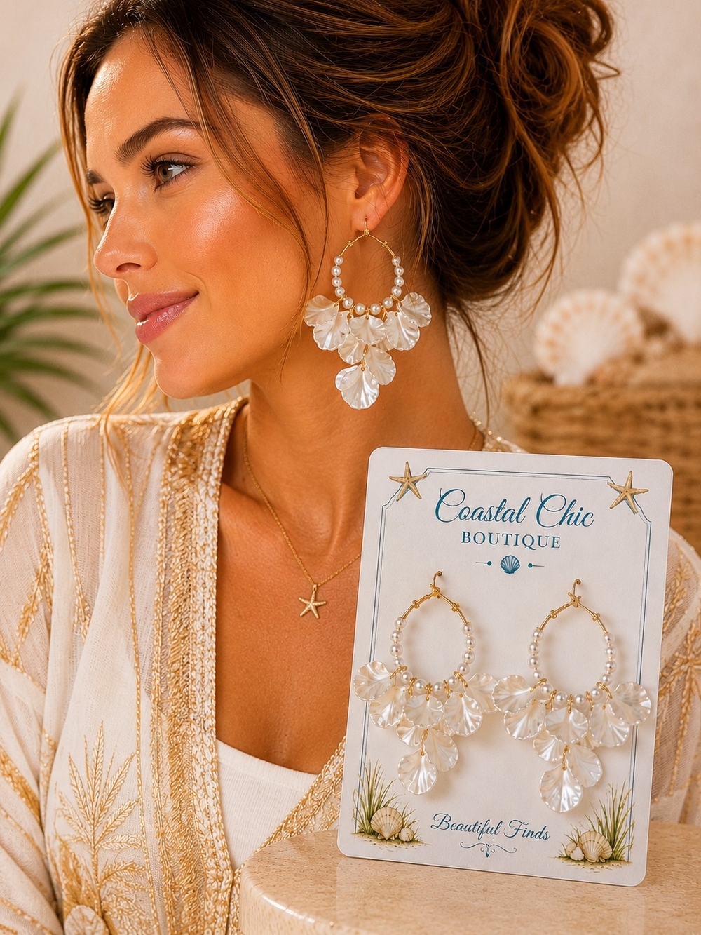 Coastal Chic Boutique Gold Hoop Earrings with White Shell Drops